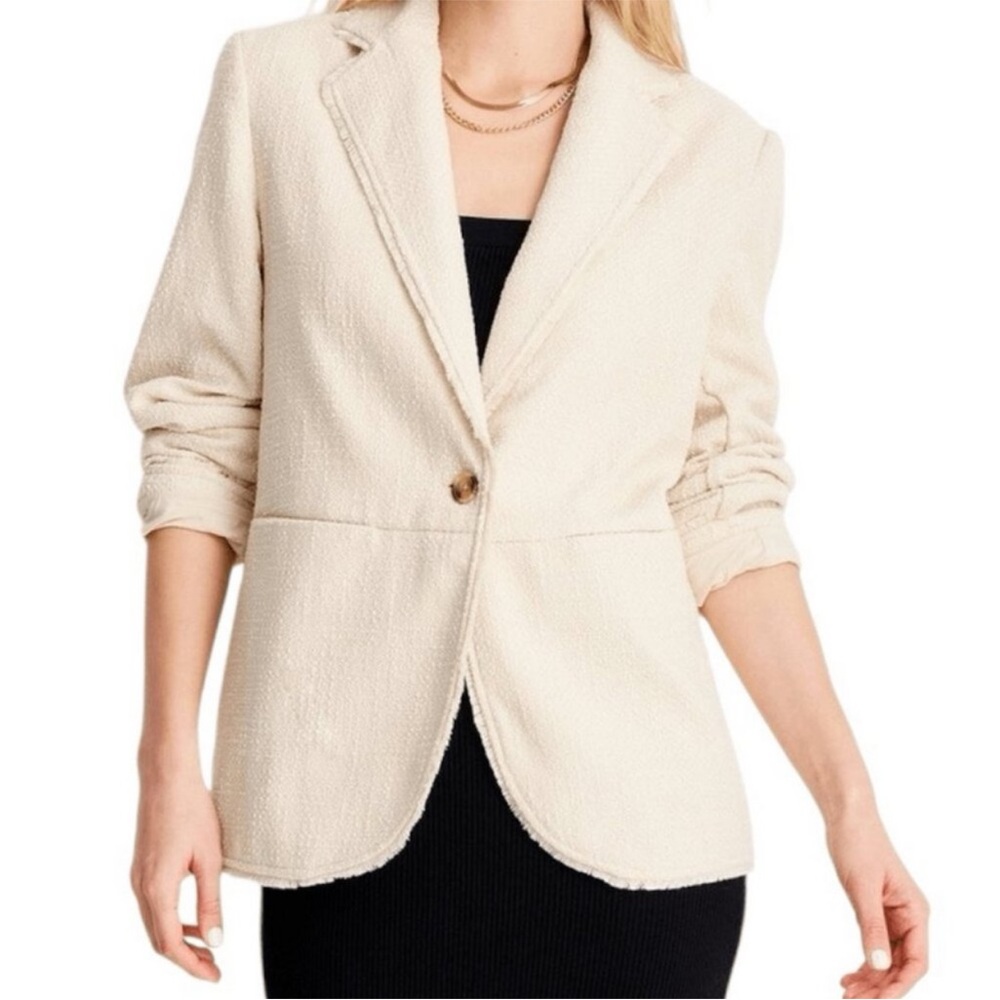 Future Collective Jenny K Lopez Cream Tweed Frayed Edge Blazer Womens Medium NWT